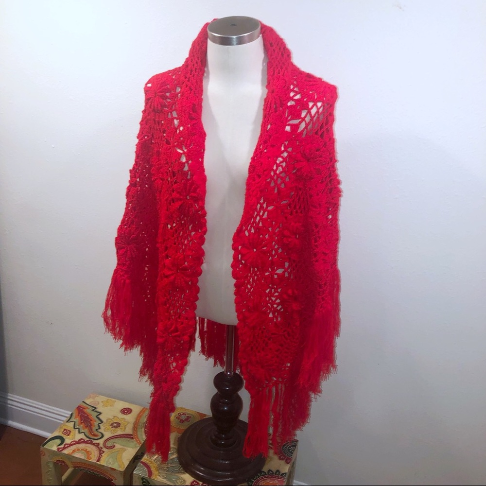 VINTAGE HANDMADE RED CROCHET KNOT SHAWL WRAP